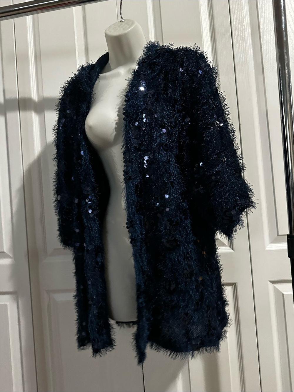 Navy Sequin Fuzzy Open-Front Cape Coat
